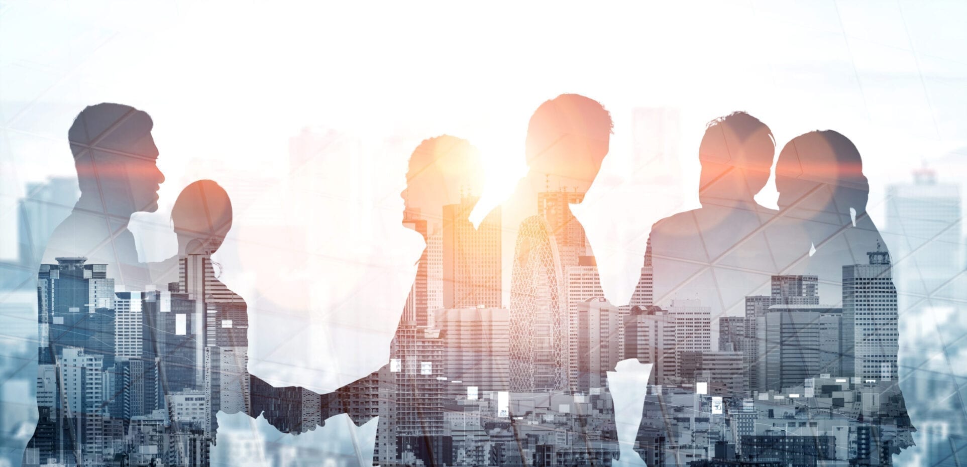 Double exposure image of many business people conference group meeting on city office building in background showing partnership success of business deal. Concept of teamwork, trust and agreement. Double exposure image of many business people conference group meeting on city office building in background showing partnership success of business deal. Concept of teamwork, trust and agreement.